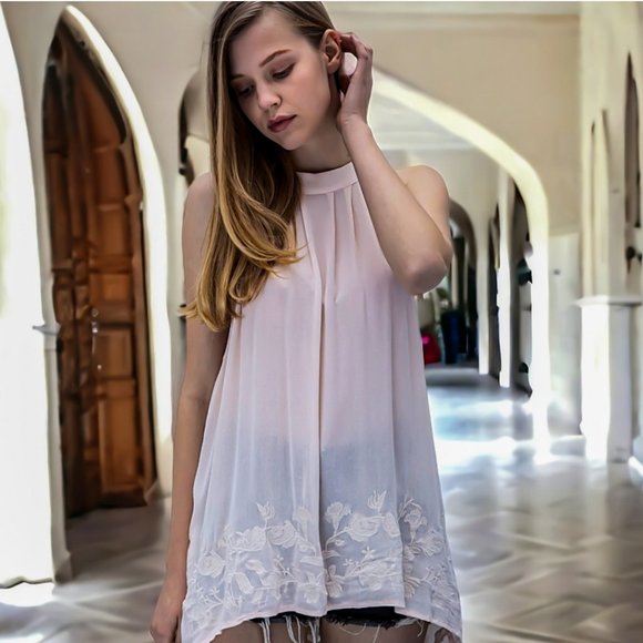 POL Women's Embroidered Eyelet Trim V-neck with Tassel Ties Blouse Tunic Top
